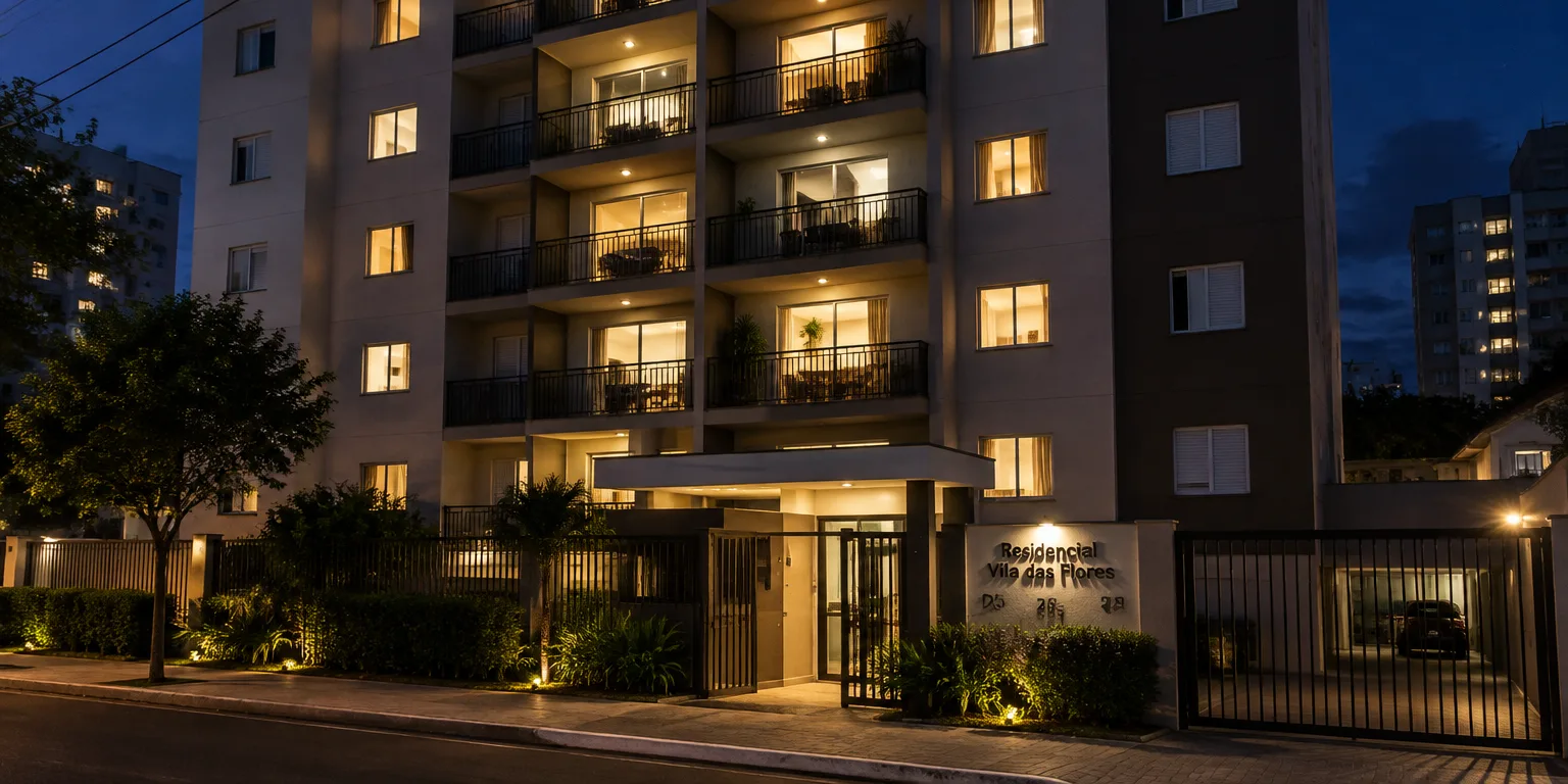Fachada de um edifício residencial ao anoitecer