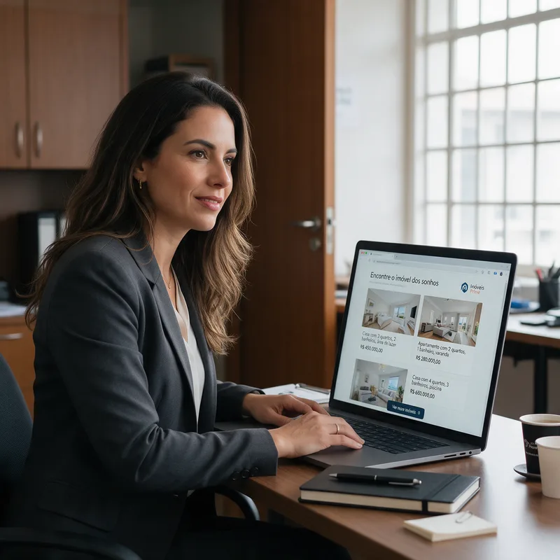Corretora sentada à mesa diante de um laptop aberto