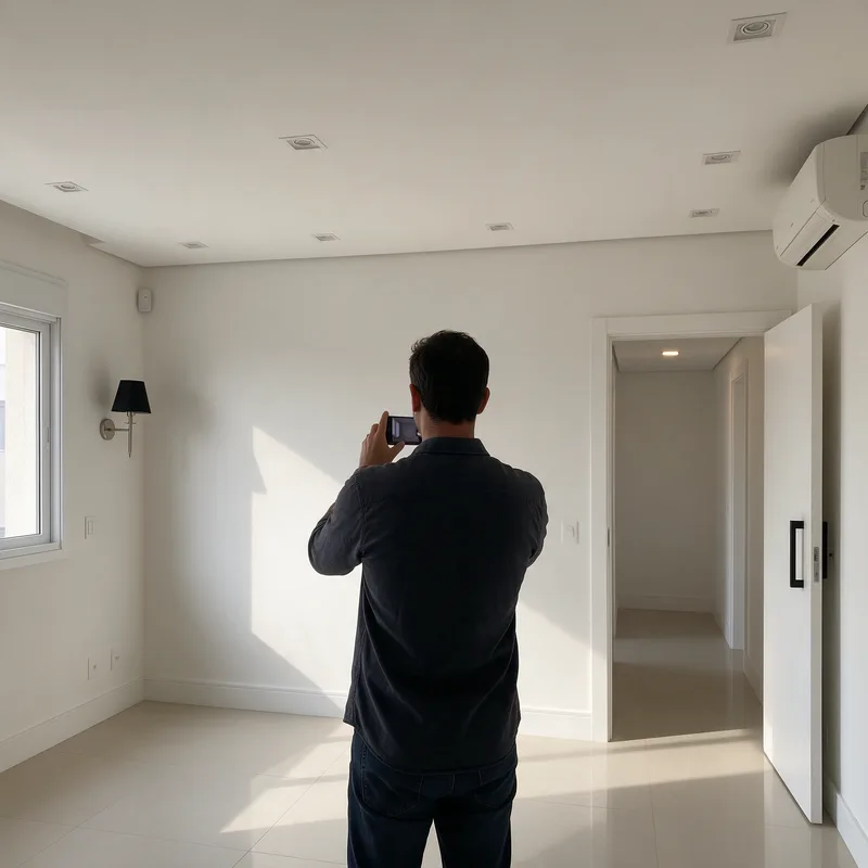 Pessoa fotografando com o celular a sala de um apartamento vazio